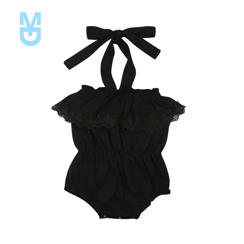 

New Pretty Toddler Baby Girl Halter Lace Bodysuits Summer Off Shoulder Lace Ruffle Lace-up Sunsuits Baby Girl Cotton Clothes 0-2