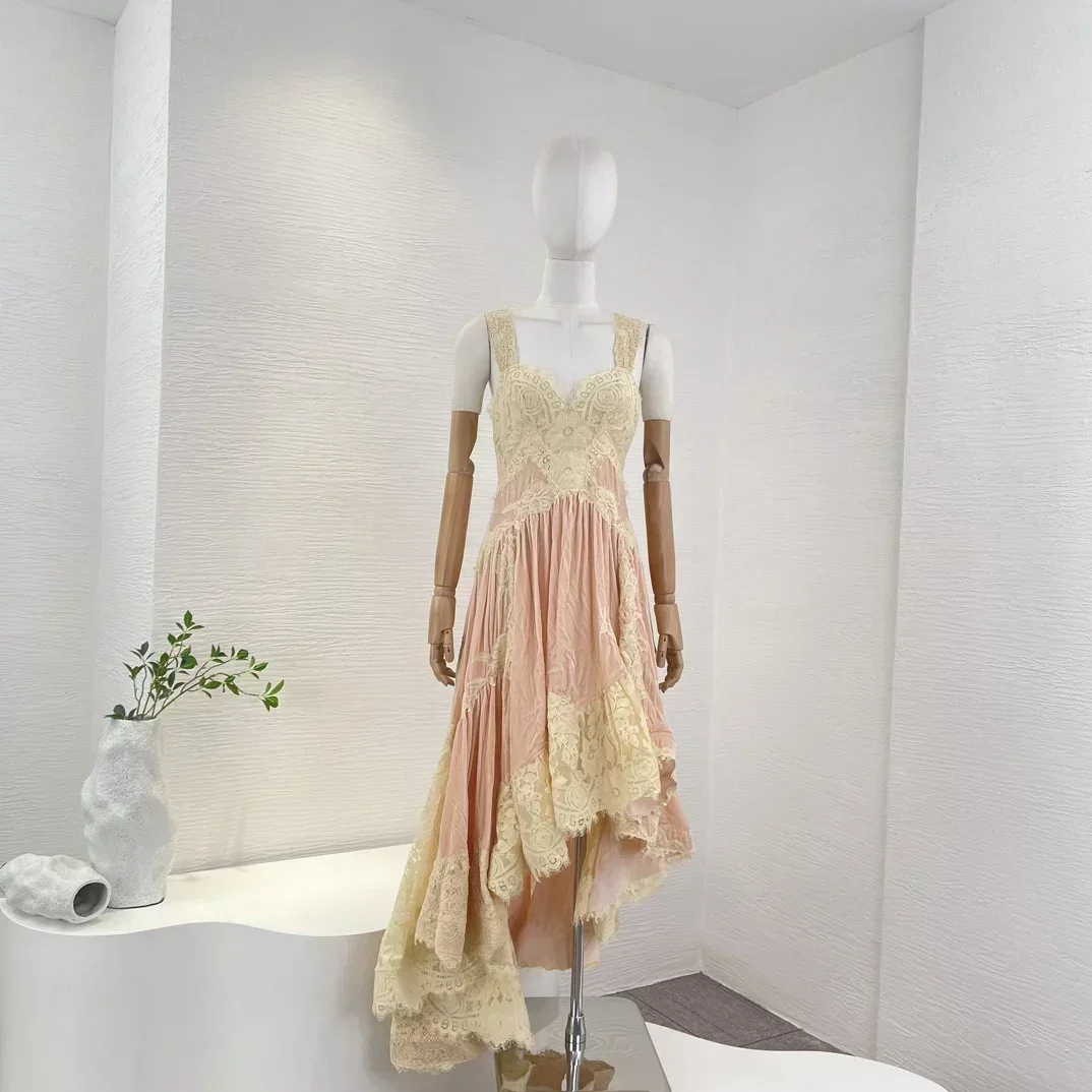 

2023 New Collection High Quality Pink Lace Patchwork Sleeveless Irregular Hem Velvet Women Graceful Midi Dress