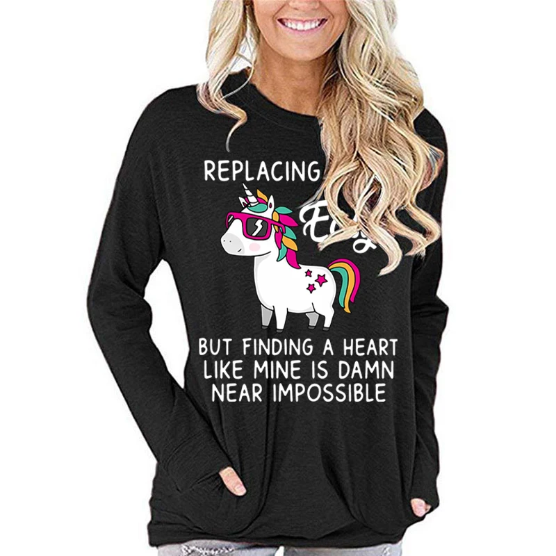 Funny Cute Unicorn T Shirts Women Satirical Humor Tops Replacing Me Is Easy Letter Graphic Tshirts Long Sleeve T-shirts