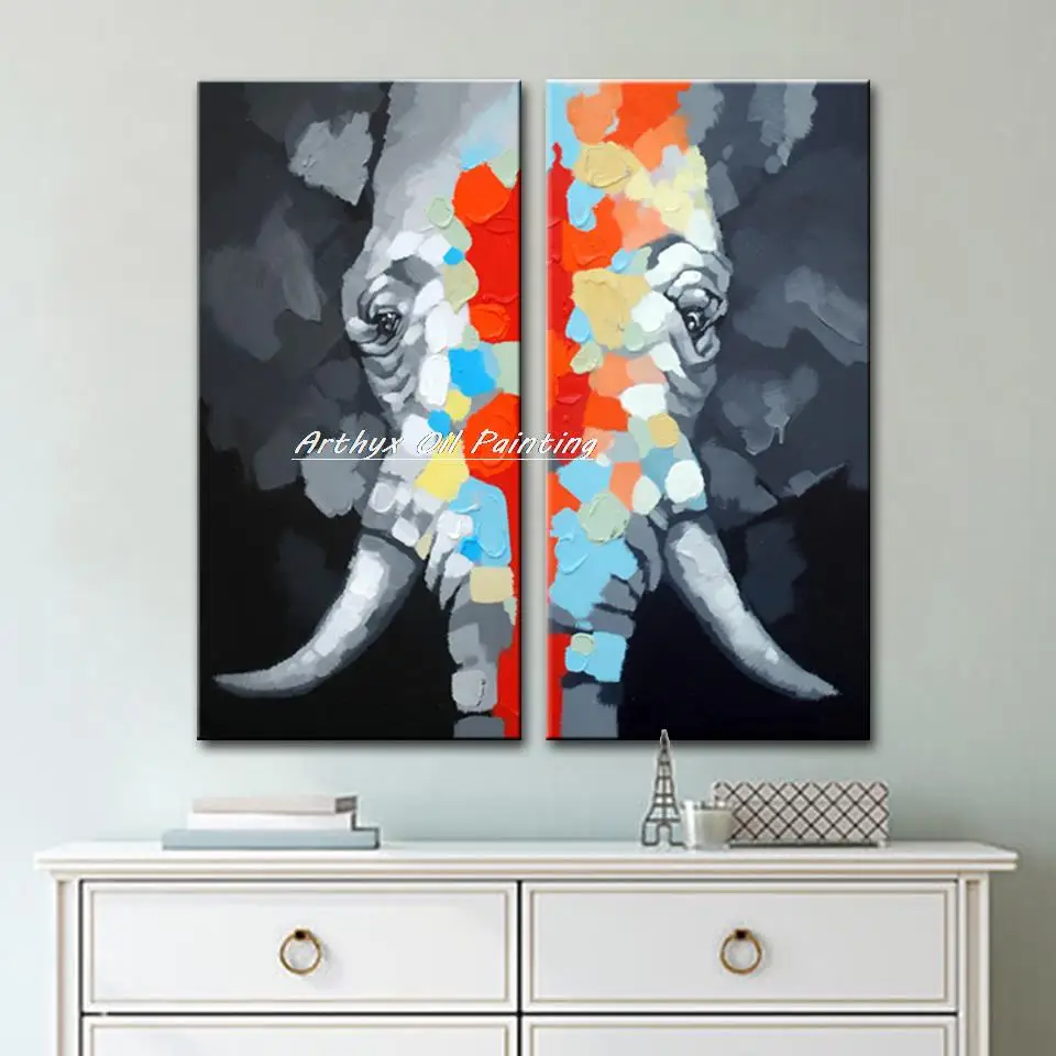 

Arthyx,2Pcs Handpainted Abstract Elephant Animal Oil Paintings On Canvas,Modern Art Wall Picture For Living Room Home Decoration
