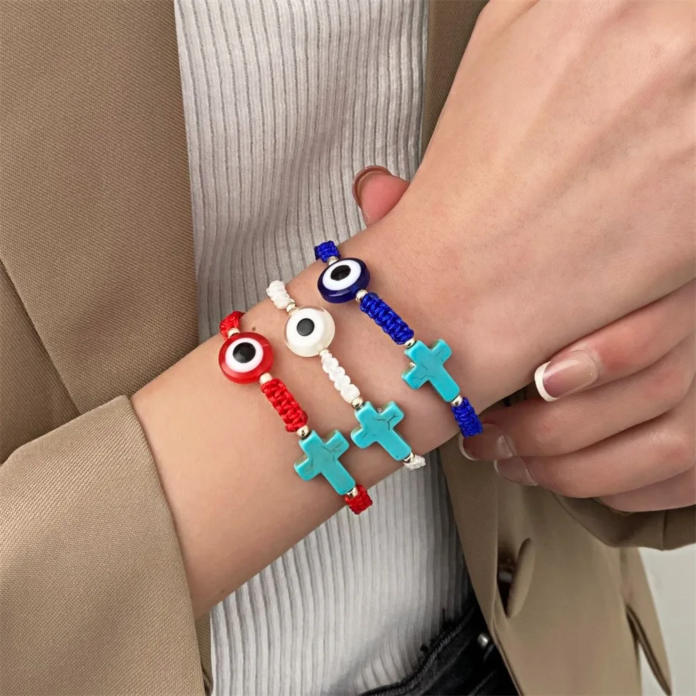 

DONATTO Evil Eye Braided Bracelet Lucky Red Blue Color Thread Cross Couple Chain Handmade Prayer Bangles Pulsera Jewelry Gift