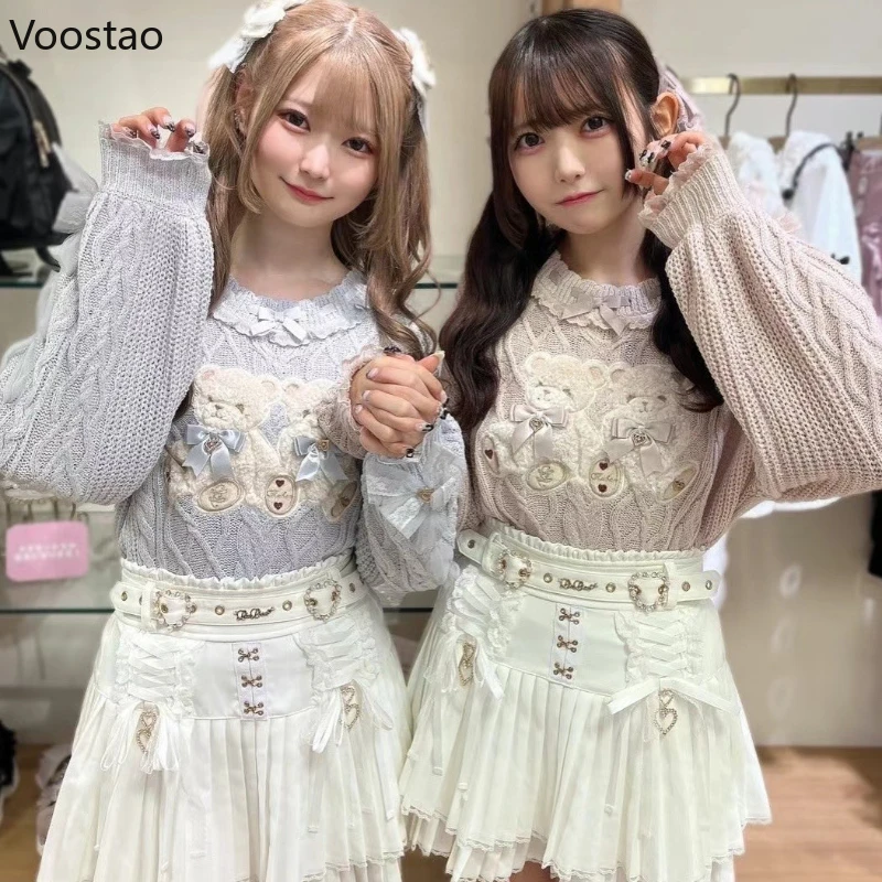 Милый вязаный пуловер в стиле Лолиты женский винтажный милый плюшевый свитер с