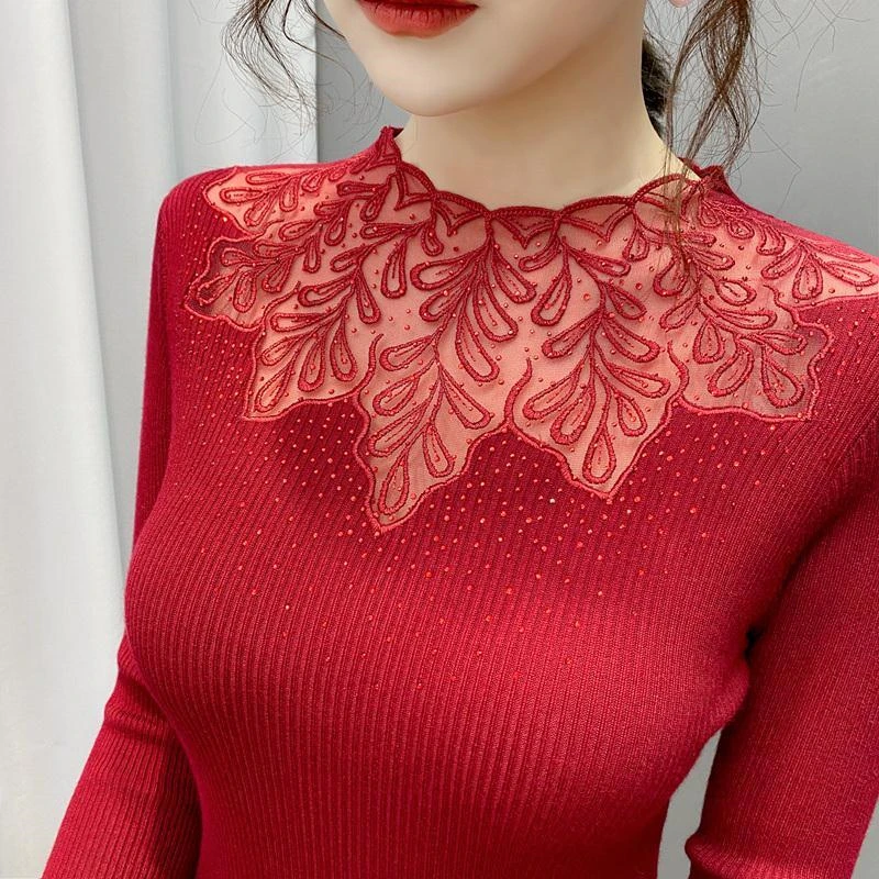 

Hollow Out Long Sleeve Knitting Pullovers Women Lace Patchwork Sweater Autumn Solid Color Slim Tops Base Tee Office Lady