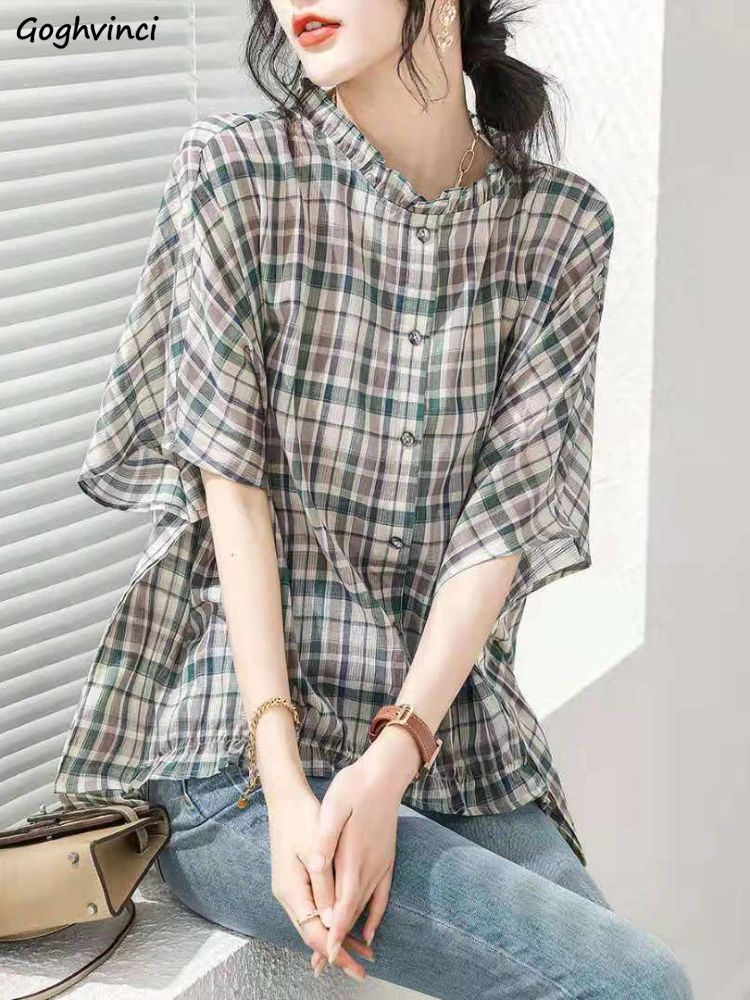 

Shirts Women Batwing Sleeve Thin Summer Plaid O-neck Gentle Basic All-match Рубашки Mujer Retro Design New Hout Sale Ulzzang Ins
