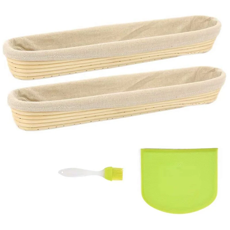 

2 Pack of Baguette Banneton Bread Proofing Basket and Linen Liner Set with Solicon Brush Dough Scraper 17 Inch