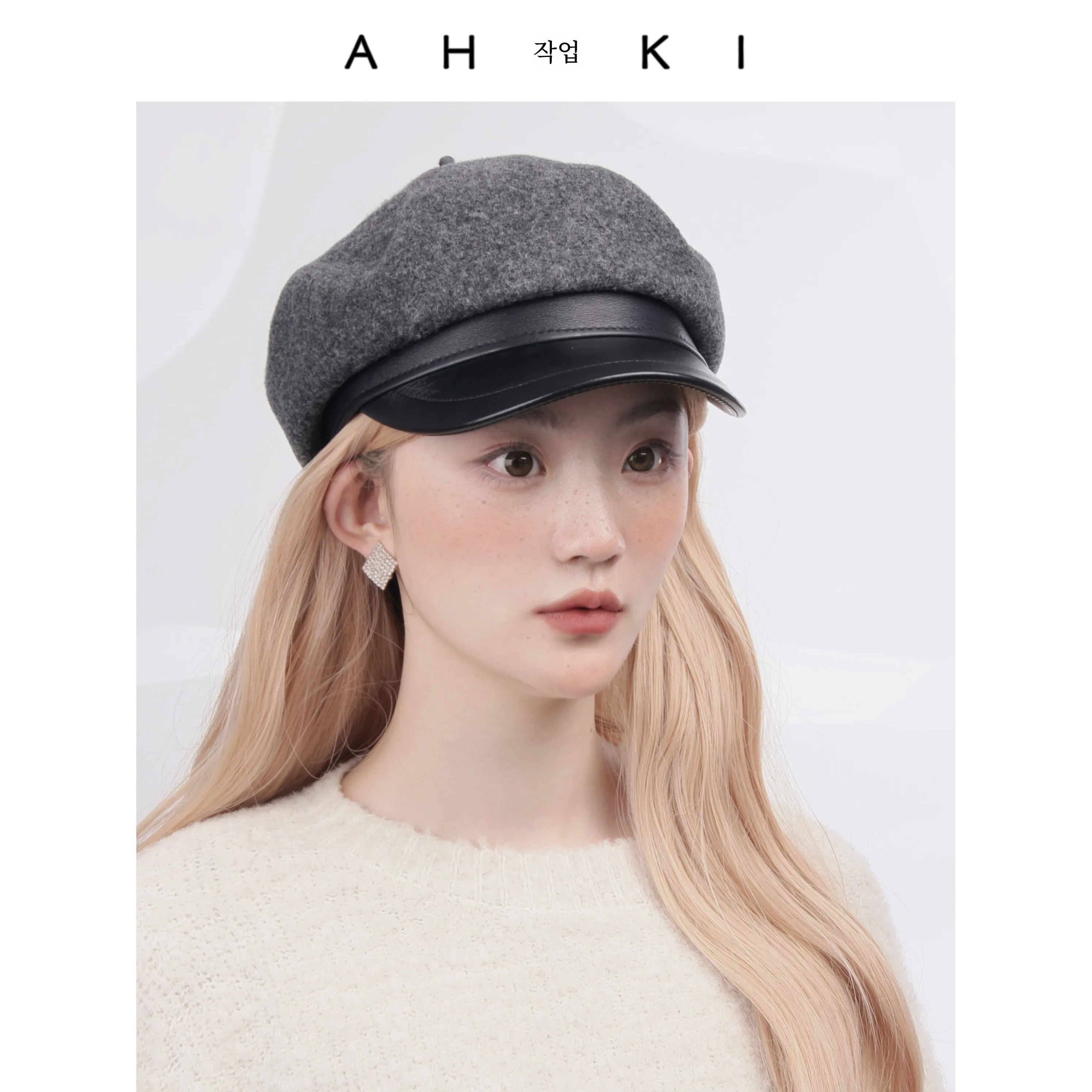 Ahhki Fleece Newsboy Cap British Painter Octagonal Retro Autumn and Winter Leather Patchwork Hat Brim