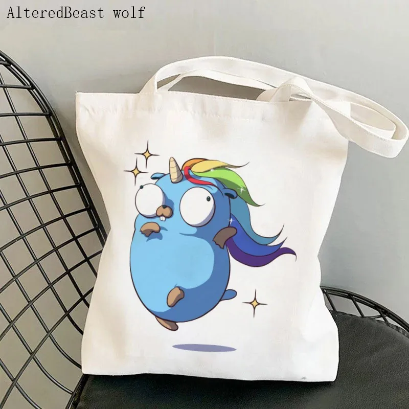 

Fashion Women Shopper bag Golang Gopher Unicorn Printed Harajuku Shopping Canvas Shopper Bag girl handbag Tote Shoulder Lady Bag