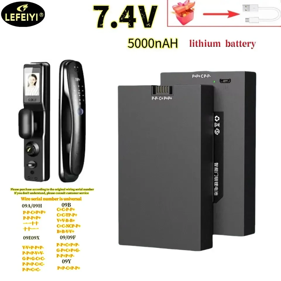 7.4V 5000mAh Smart Door Lock Lithium Battery: Suitable for Xiaomi/Bosch/Haier/Konka Cadiz Seplo Charging Cables