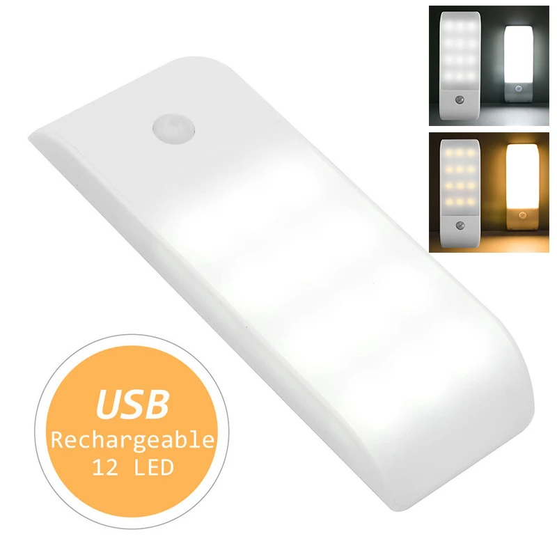 

12 LED USB Rechargeable Under Cabinet Light Lamp PIR Motion Sensor Night Light For Wardrobe Closet Kitchen With Magnetic Strip