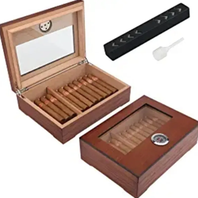 

Cigar Humidor Glass Top Cigar Box With Hygrometer Humidifier And Divider Desktop Cedar Wood Storage Case Holds 20-30 Cigars