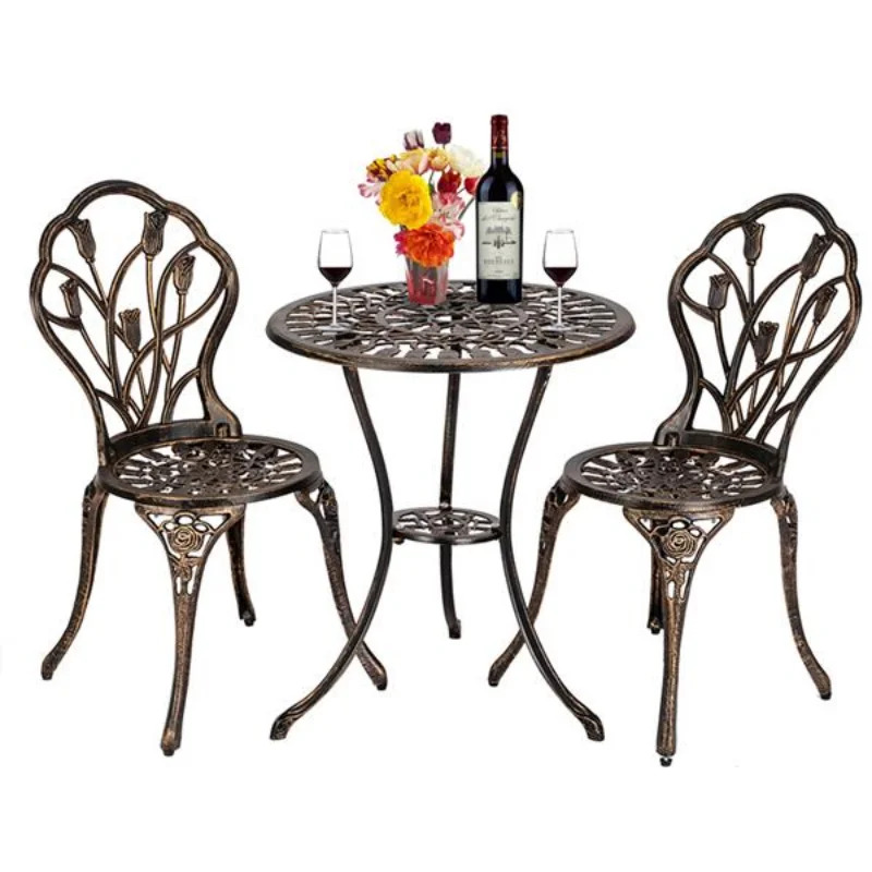 European Style Cast Aluminum Outdoor 3 Piece Tulip Bistro Set of Table and Chairs Bronze[US Stock]
