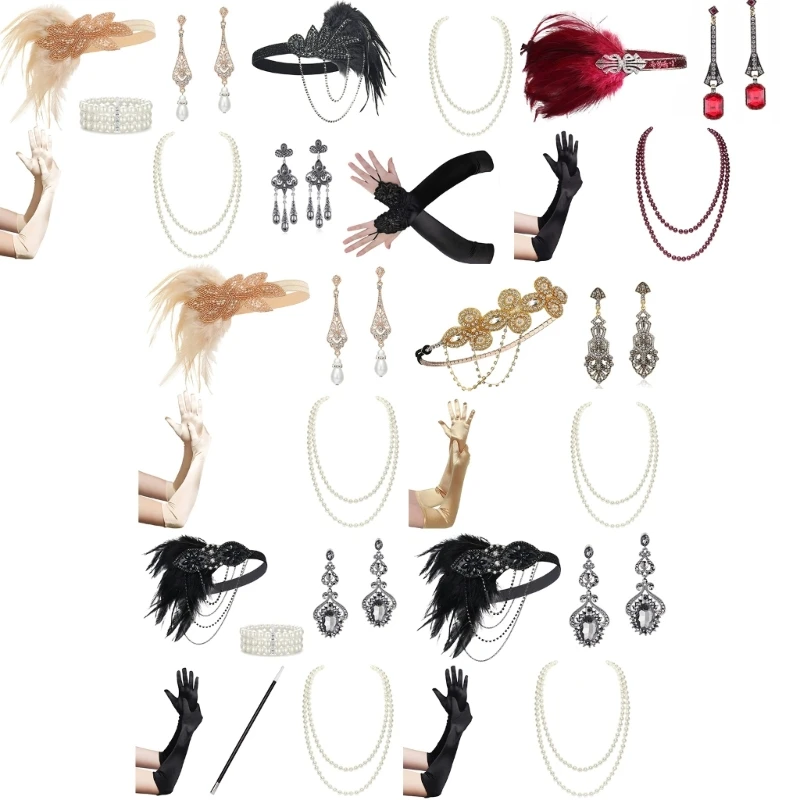 

Vintage 1920s Flapper Party Women Costume Accessories Set Feather Headband Necklace Earrings Gloves for Cocktail Party
