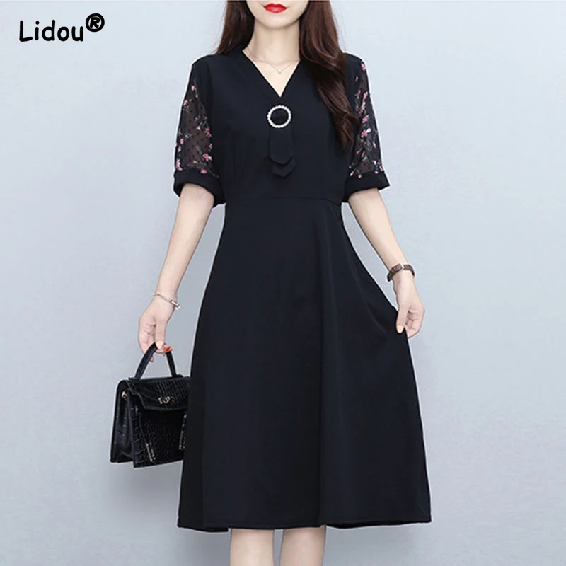 

Women's Clothing Pullovers Elegant Office Lady Black Patchwork Gauze Short Sleeve V-neck Dress Solid Color Empire Summer Skirt