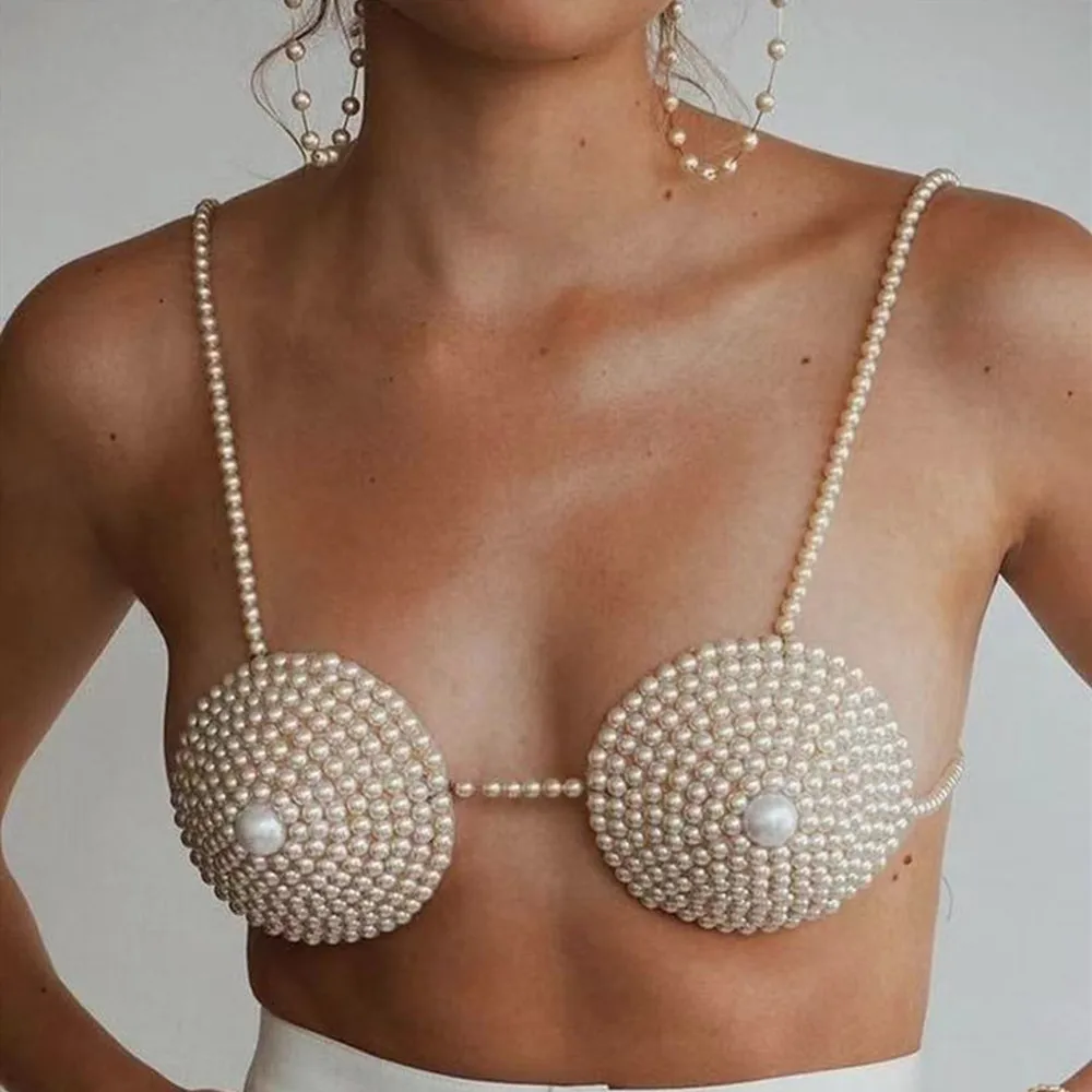 

New Adjustable Pearl Woven Sexy Body Chain Harness Bra Chest Chain Top Body Jewelry For Women Pearls Body Necklace Breast Bra