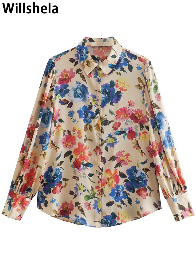 

Willshela Women Fashion Floral Printed Single Breasted Blouse Vintage Long Sleeves Lapel Neck Female Chic Lady Shirts