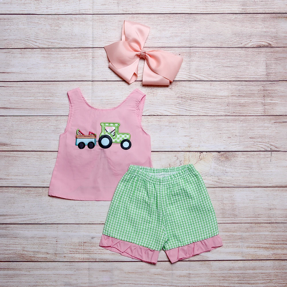 

Baby Girls Clothes Cotton Kids Clothes Set For Summer New Style Truck Embroidery Pink Tops Pink Lace Green Sports Shorts Girls