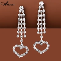 rhinestone long tassel earrings for women party shiny heart crystal drop earrings silver plated wedding jewelry
