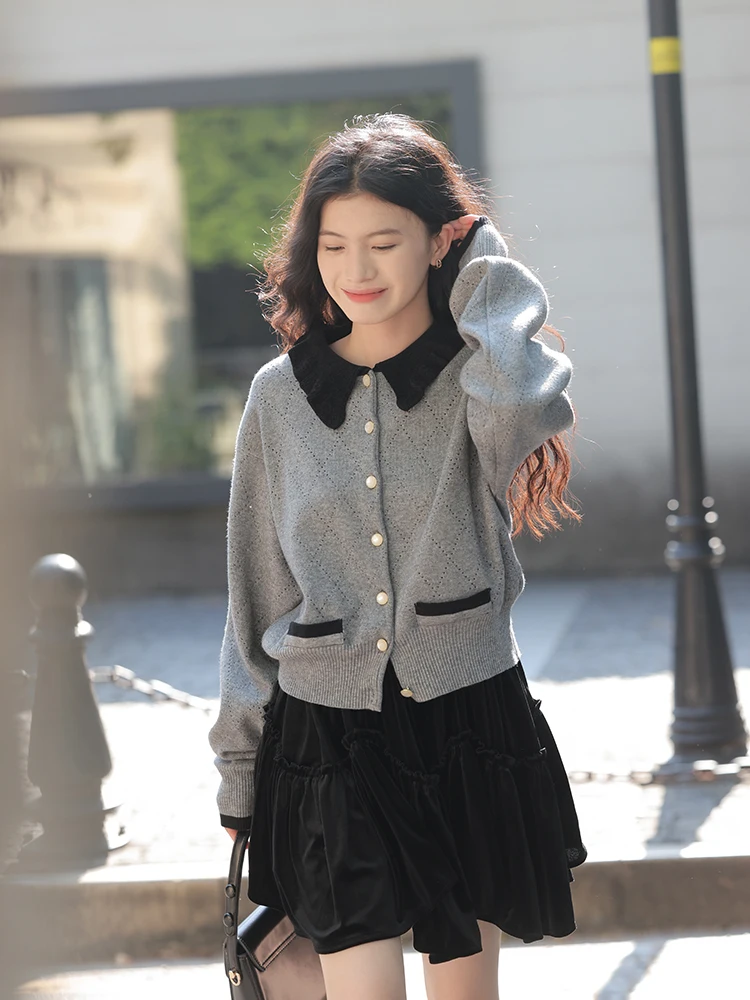 Серый вязаный кардиган с французским кукольным воротником верхняя одежда