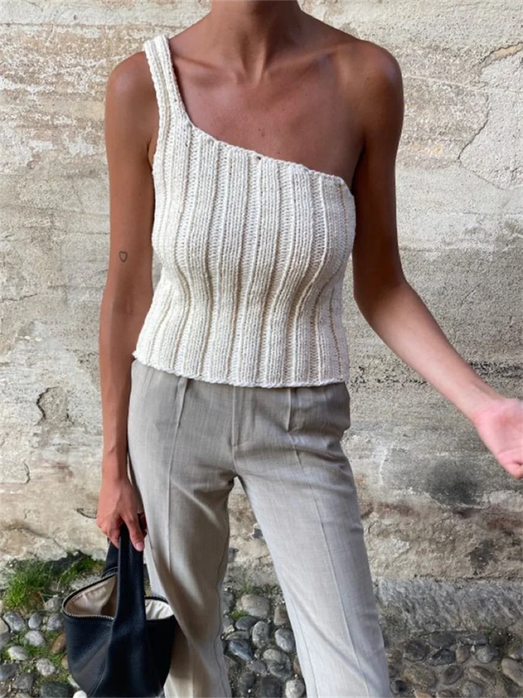 

CHRONSTYLE Sexy Women Solid Color Knitted Tank Tops Casual Single Strap Off Shoulder Sleeveless Slim Fit Mini Vest Ribbed Camis