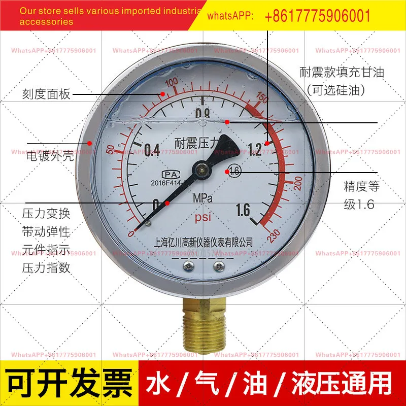 Фото Манометр сейсмостойкий Shanghai Yichuan Instrument YN100 0-0.6/1/1.6/2.5/25 МПа, антивибрационный, для измерения давления масла №1