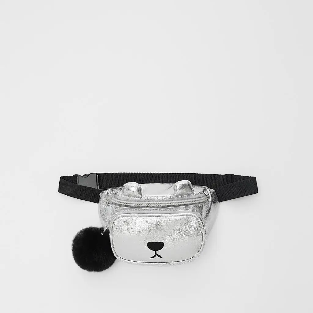 Children's Transparent Zipper Fur Ball Diagonal Cross Dog Silver Soft Leather Casual Waist Bag