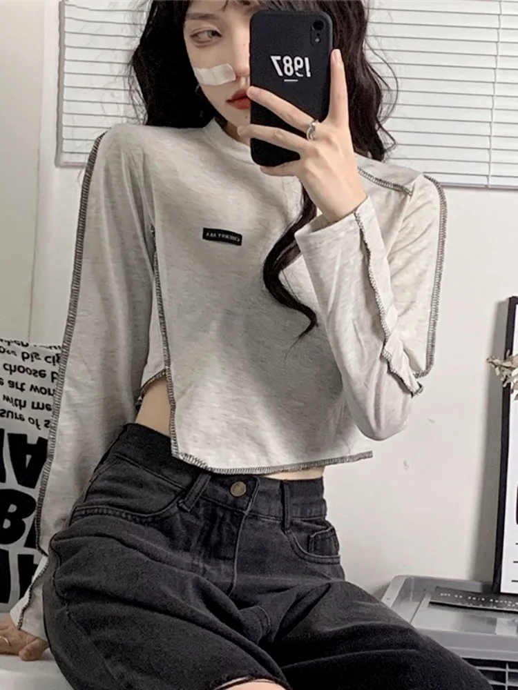 

Футболка Y2k Женская Асимметричная с длинным рукавом, Модный укороченный топ с круглым вырезом в Корейском стиле, универсальная однотонная п...