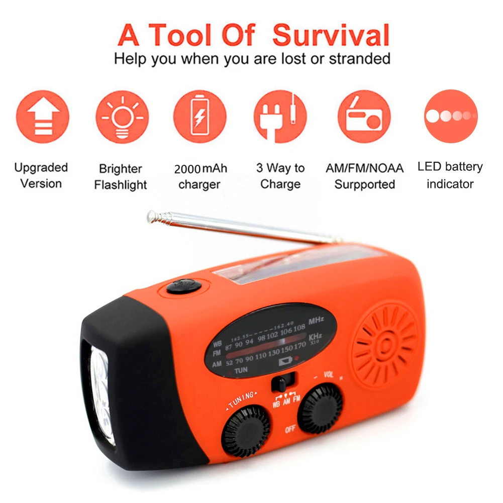 

Multifunctional Solar Radio Hand Crank Dynamo Power Bank AM/FM/NOAA Weather Radio LED Flashlight Torch Outdoor Survival Tool