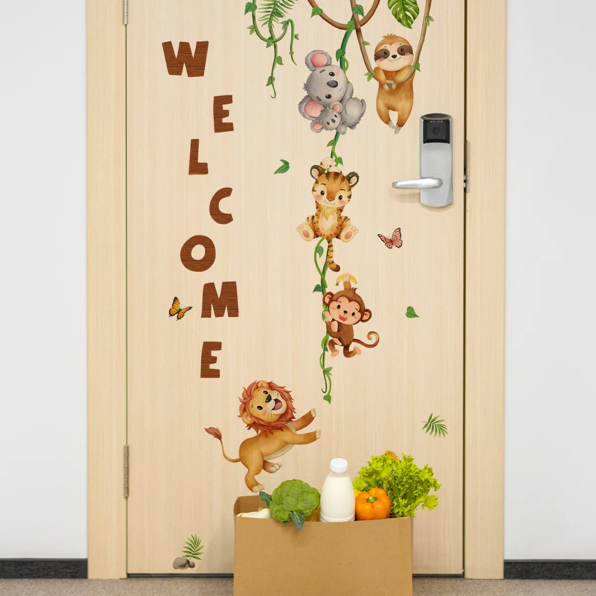 

Welcome Jungle Animal Wall Stickers For Kids Room Door Vine Monkey Koala Lion Decoration Art Decals Baby Nursery Room Decor