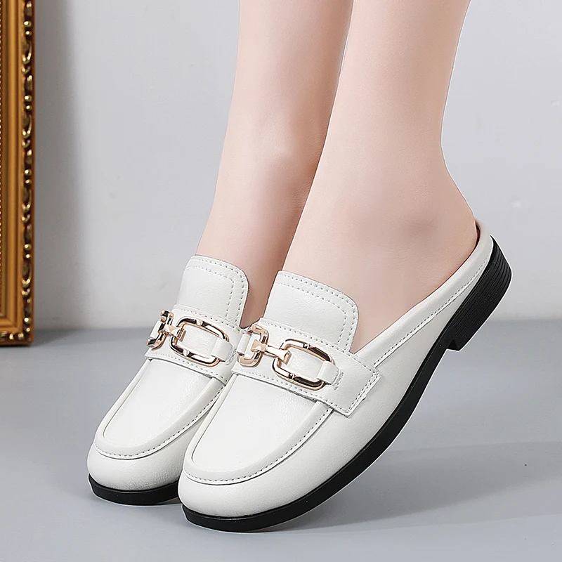 Женские летние полутапочки Baotou черные туфли на толстом каблуке с металлической