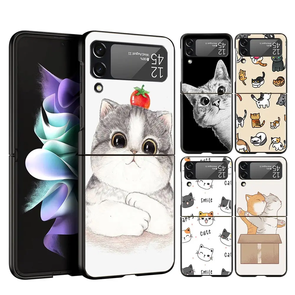 

For Samsung Galaxy Z Flip 3 4 5G Hard Black Folding PC Phone Case Cat Cute Kitten Cartoon Luxury For Samsung Z Flip3 Back Cover
