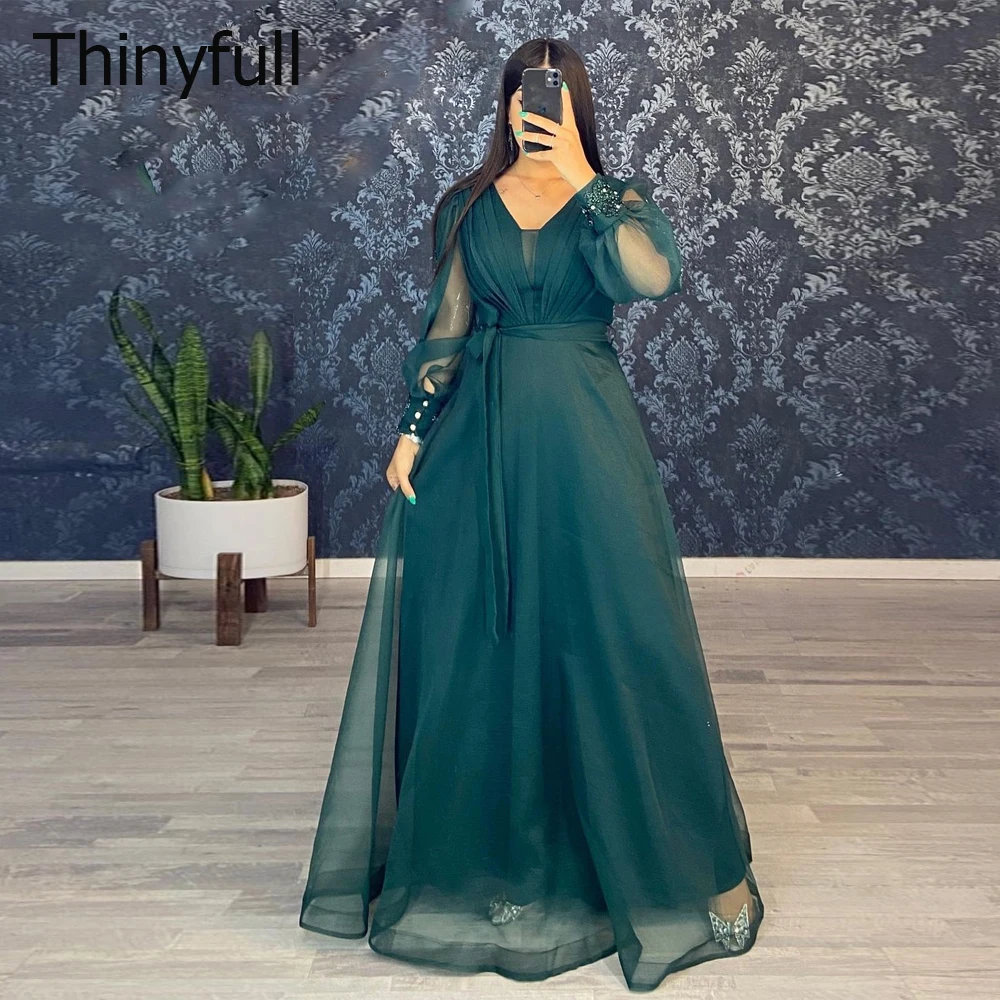 

Женское вечернее платье в пол Thinyfull, элегантное Тюлевое платье с бусинами, V-образным вырезом, длинным рукавом и бантом на поясе, ТРАПЕЦИЕВИДНОЕ платье для выпускного вечера, 2022
