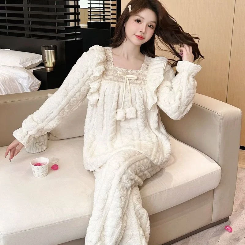 2024 зимние милые кружевные пижамные комплекты принцессы с длинными рукавами