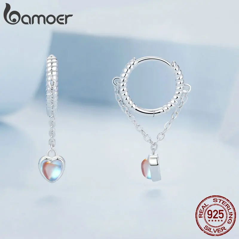 Женские серьги-подвески BAMOER белые Позолоченные серьги Huggie с лунным камнем 925