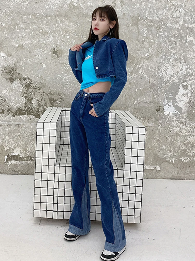 CHICEVER Solid Color Denim Two Piece Sets For Female Lapel Collar Long Sleeve Cropped Top With High Waist Pant Women's Set Style enlarge