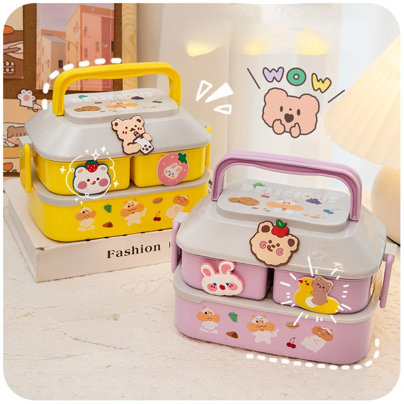 Cute Portable Lunch Box for Girls School Kids Plastic Picnic Bento Box Microwave Food Box with Compartments Storage Containers