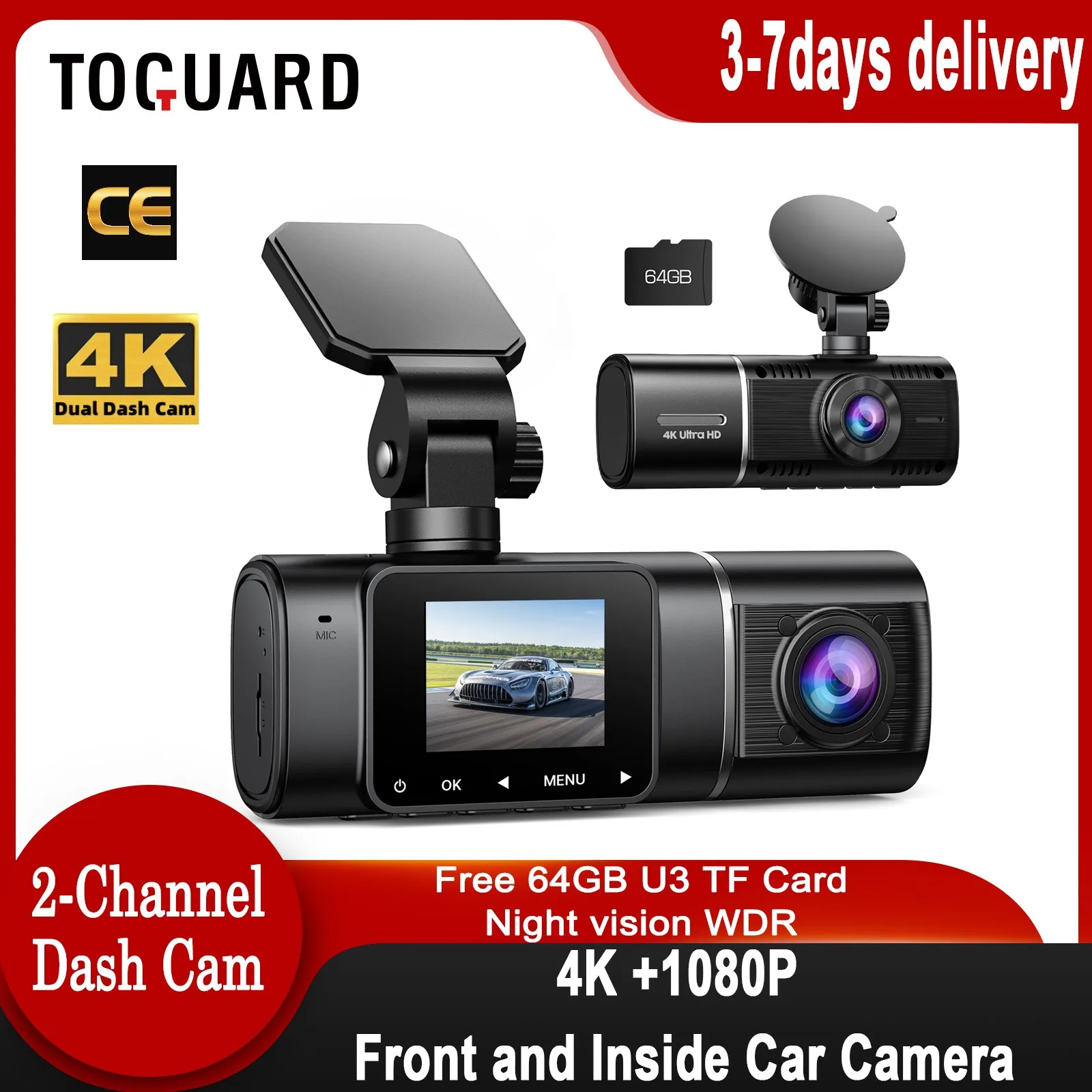 

TOGUARD DC17 2-Channel Dash Camera Front Inside 3840*2160P 4K Uber Car DVR Cabin IR Night Vision 32G/64G/128G/256G U3 TF Card