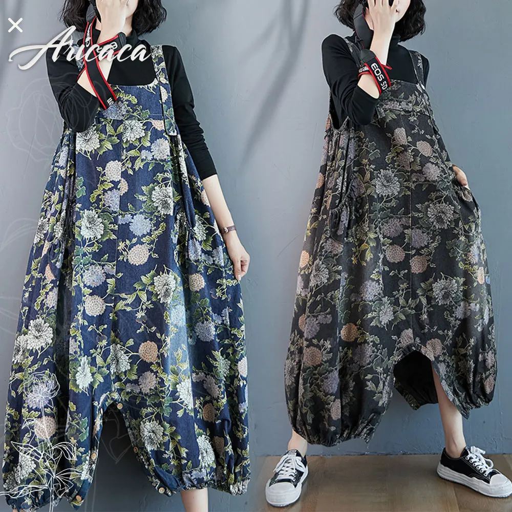 

Aricaca Two Styles Women's Button Split Bloomers Oversize Jeans Dress+Jumpsuit Vintage Flower Printed Casual Denim Overalls