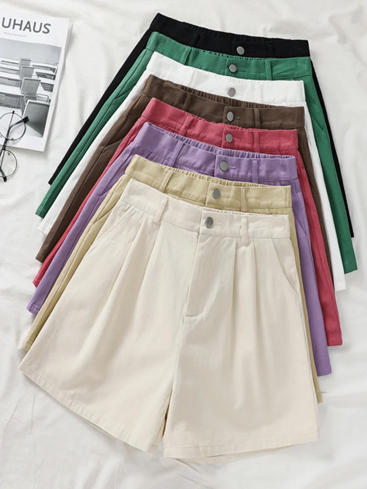 

Женские шорты из чистого хлопка, повседневные широкие шорты с высокой талией и эластичным поясом, модные летние женские свободные шорты в Корейском стиле, новинка