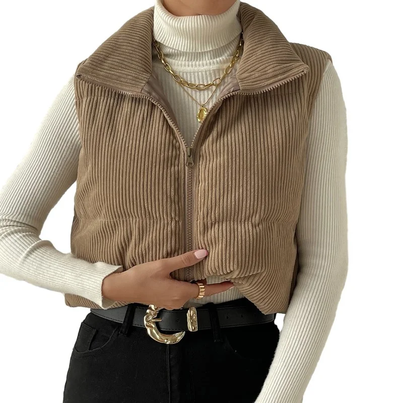 

Женский вельветовый пуховик, Однотонный женский жилет на молнии, без рукавов, с отложным воротником, с подкладкой, Повседневная Уличная куртка на осень и зиму