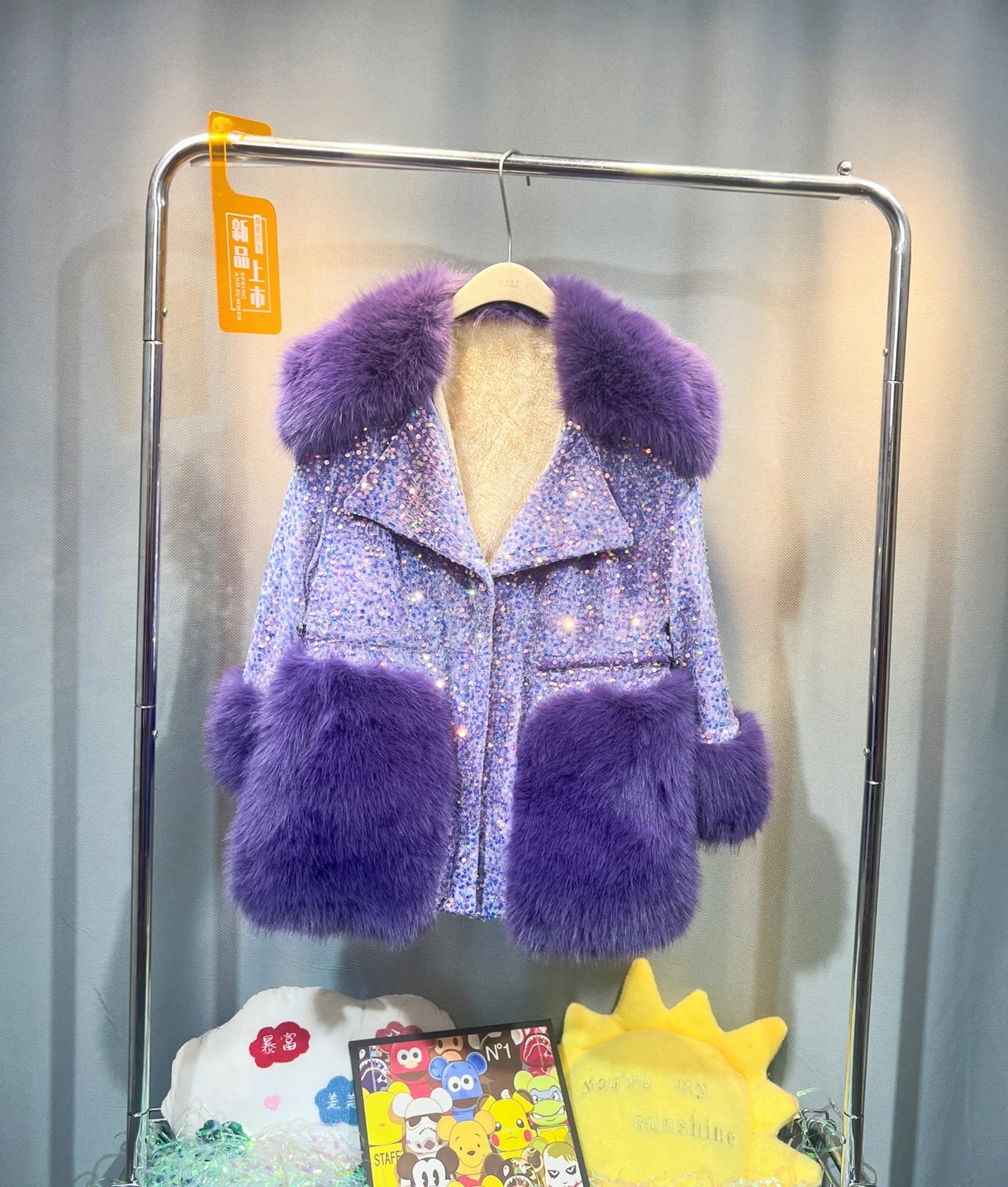 

Europe Large Fur Collar Women Cardigans Coat Color Block Sequins Purple Fur Overcoat Mid-long Thicken Warm Long Sleeve Outwear