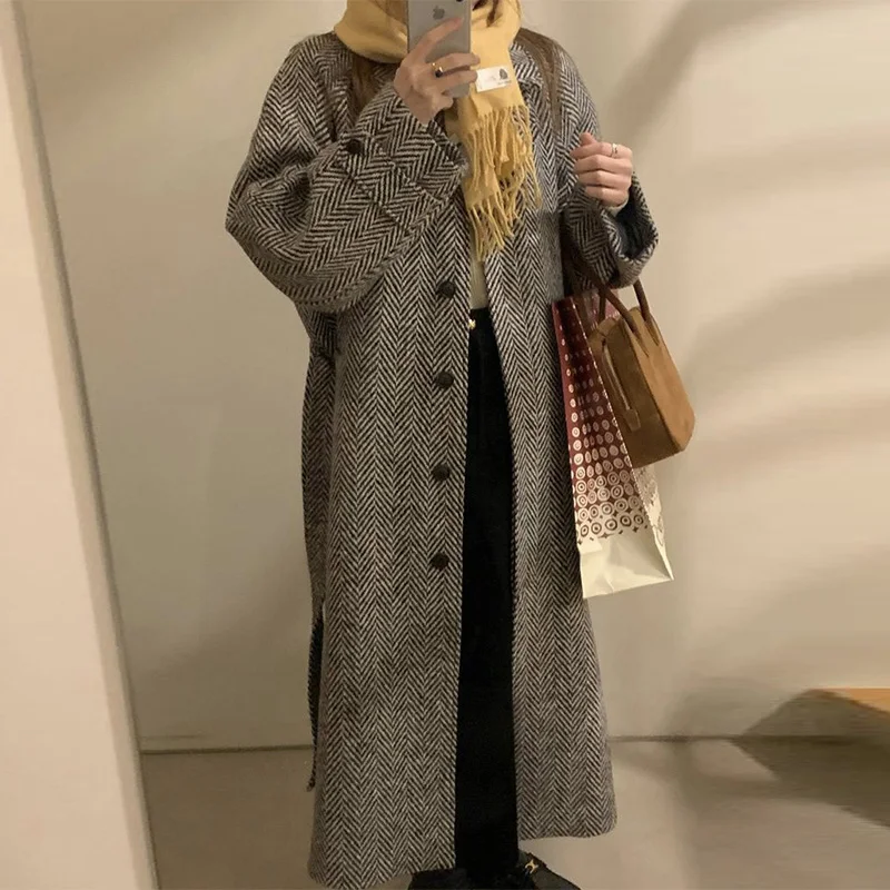 

Женское длинное шерстяное пальто, винтажное повседневное однобортное пальто с лацканами и длинным рукавом, уличное пальто, Осень-зима 2023