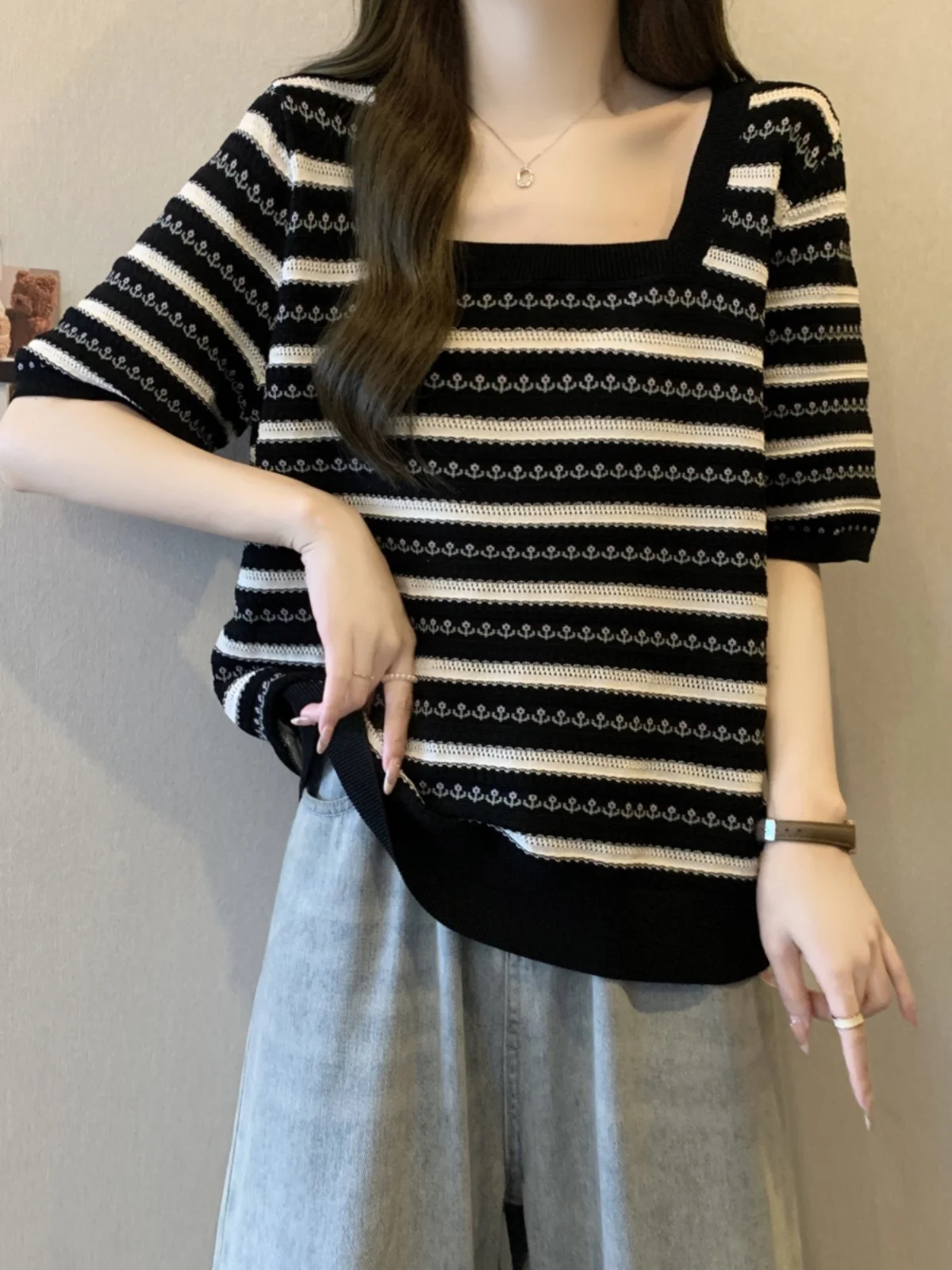 Plus Size Plus size women clothing Belly Covering Stripe Contrast Color Short sleeve Bottoming Shirt Summer Chubby Girl Loose...