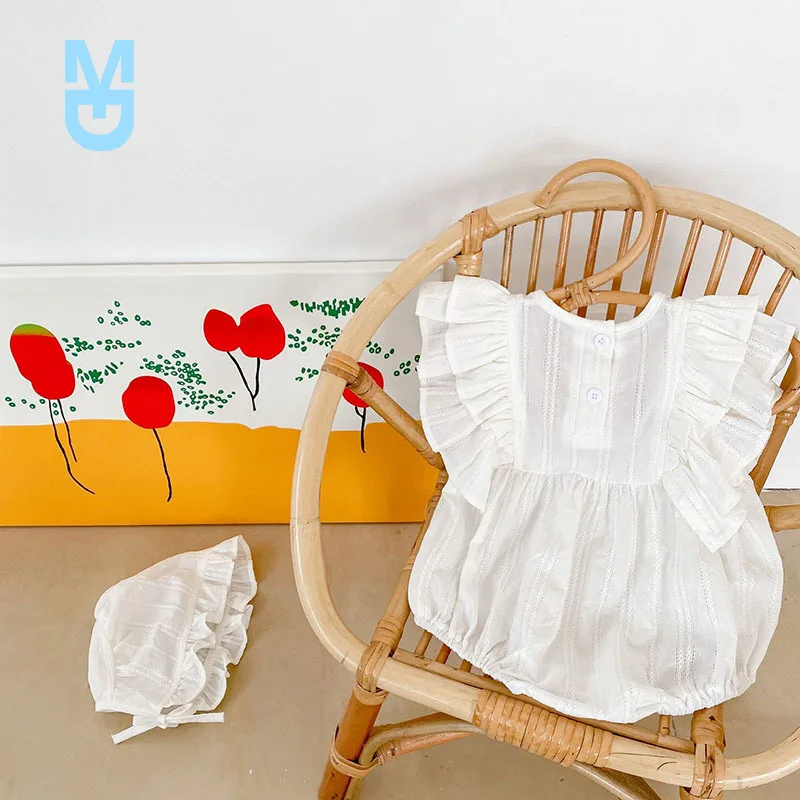 

New 2022Summer Baby Bodysuits Toddler Girls One Piece Flare Sleeve Infant Girls Jumpsuits Baby Girls Outfit with Hat