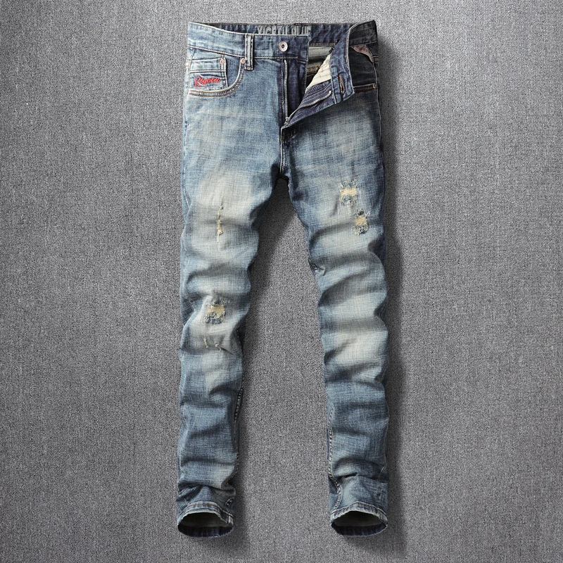 Fashion Vintage Men Jeans Retro Blue Stretch Elastic Slim Fit Ripped Jeans Men Patched Embroidery Designer Denim Pants Hombre