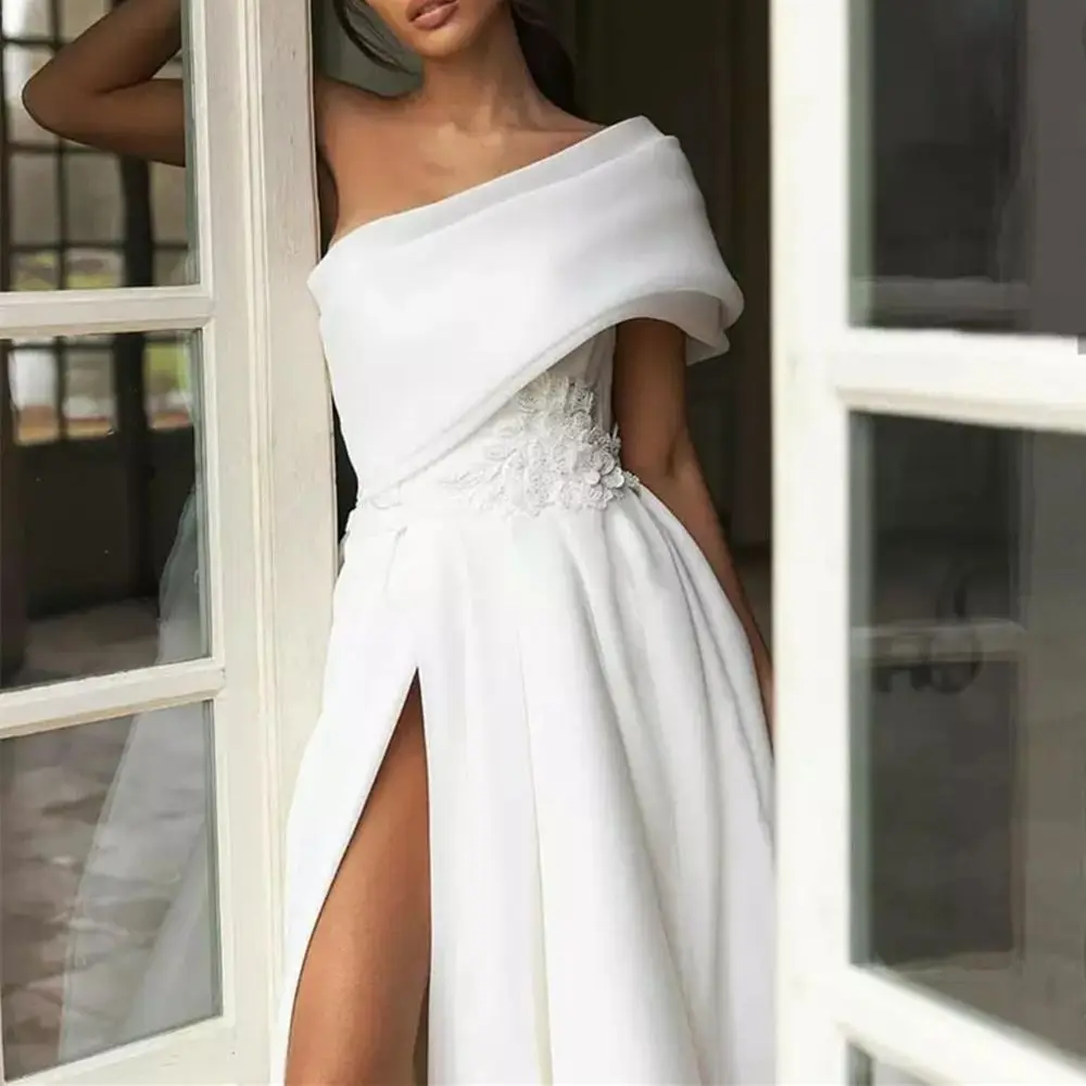 

Robes De Mariage Organza Wedding Dress One Shoulder Sexy Trouwjurk Slit Skirt Simple Abito Da Sposa Bow Back Hochzeitskleid