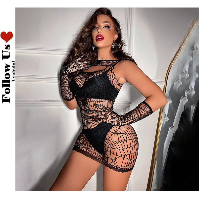 

Halloween Cosplay Fishnet Dress Summer Super Short Skull Spider Web With Sleeves Bodycon Dress Sexy Lingerie Women's Nightclub