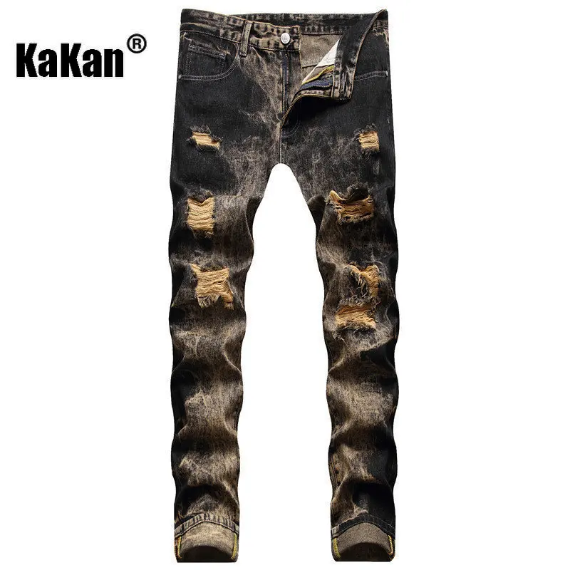 Kakan - European and American New Nostalgic Stir Fried Punctured Straight Leg Jeans Men's Wear, Casual Mid Waist Long Jeans 9237