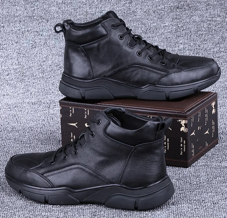 

Men High Top Genuine Leather Running Shoes Winter Fleece Liner Outdoor Sport Shoes Antiskid Platform Jogging Training Sneakers