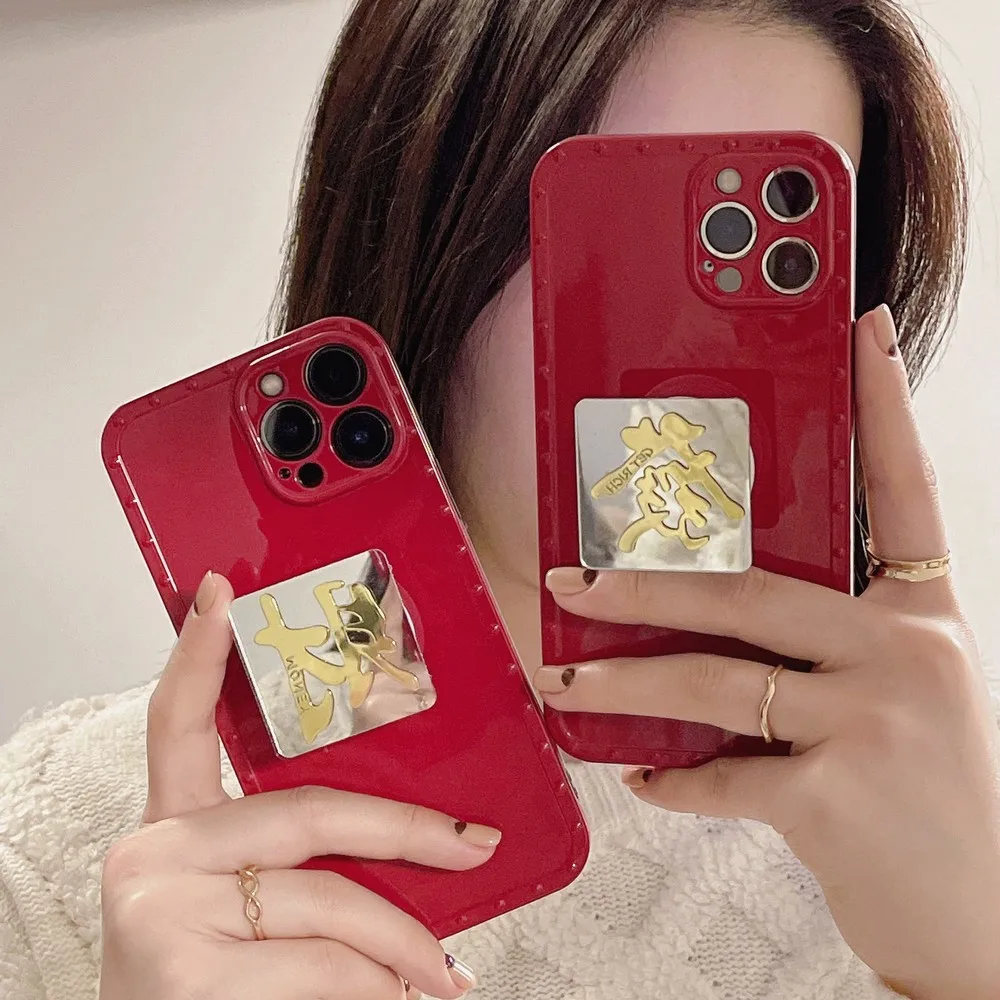 

Красный чехол с зеркальной поддержкой удачи для IPhone X XS XR XSMAX 12 13 11 Pro Promax 7 8 Plus, противоскользящий мягкий чехол