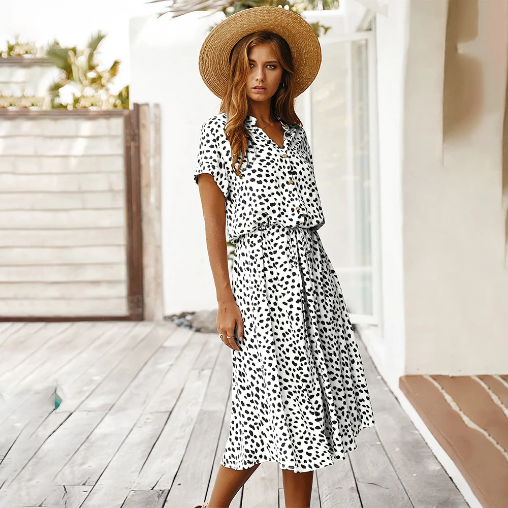 

Women Dresses 2022 Causal Elegant Polka Dot Short Sleeve Button Summer High Quality Party A-line Loose Women Beach Midi Dress